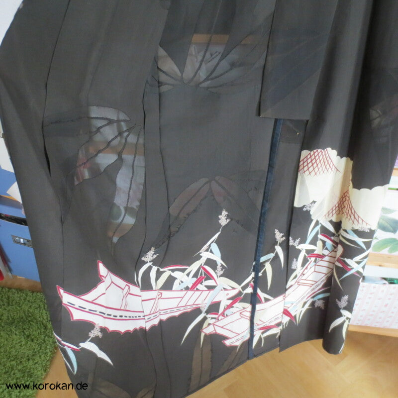 Boote im Bambus antiker Tomesode Kimono Rho Seide