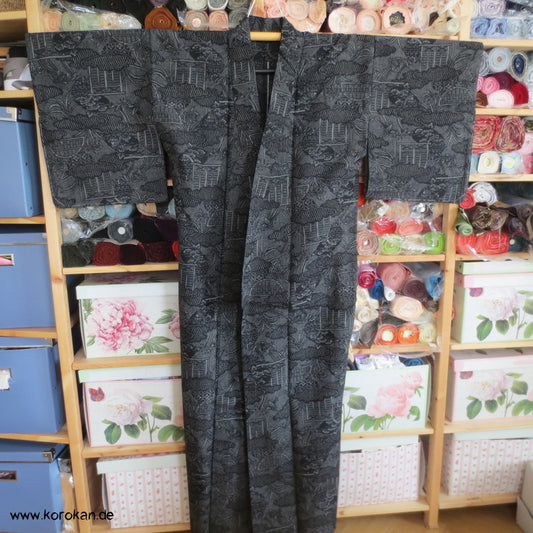 Kasuri Tsumugi Gartenmotive Hitoe - ungefütterter - Kimono