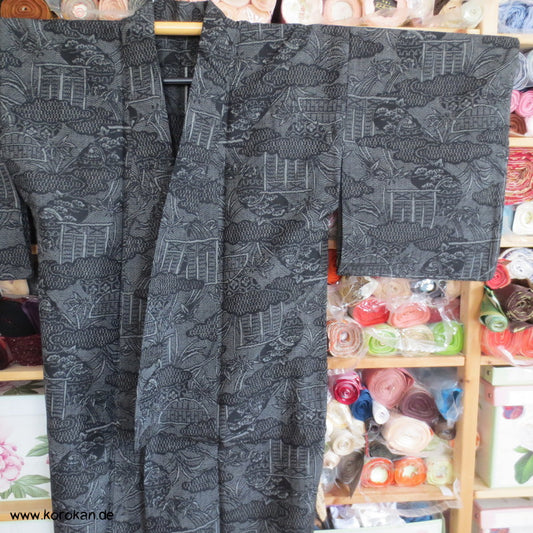 Kasuri Tsumugi Gartenmotive Hitoe - ungefütterter - Kimono