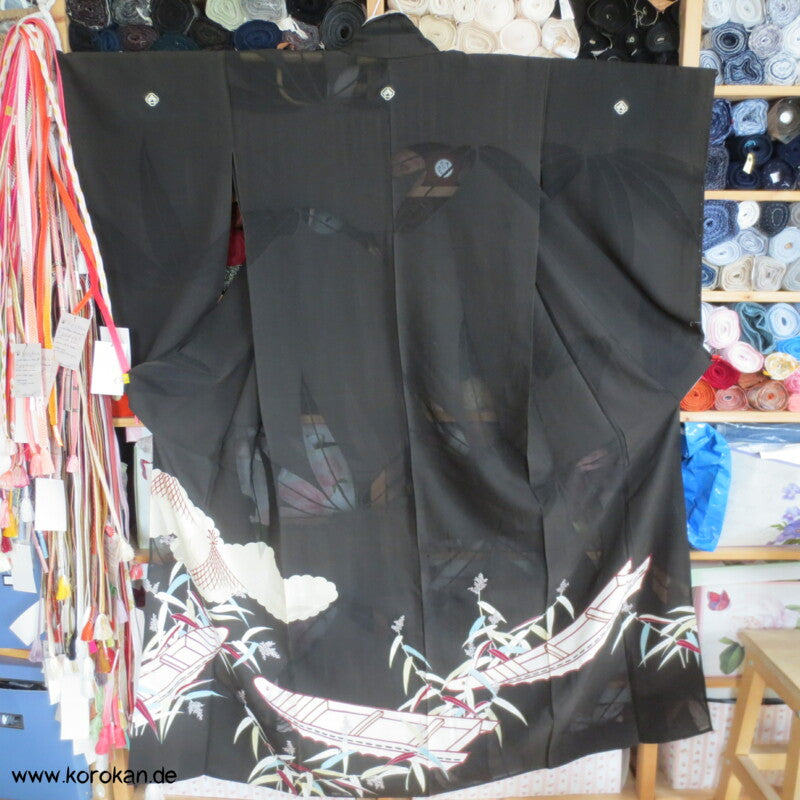 Boote im Bambus antiker Tomesode Kimono Rho Seide
