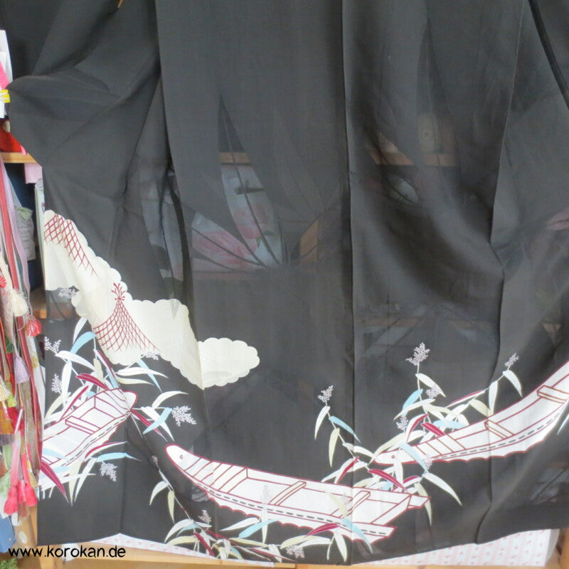 Boote im Bambus antiker Tomesode Kimono Rho Seide