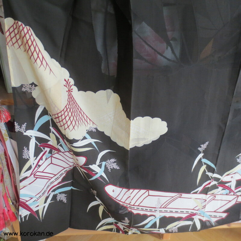 Boote im Bambus antiker Tomesode Kimono Rho Seide