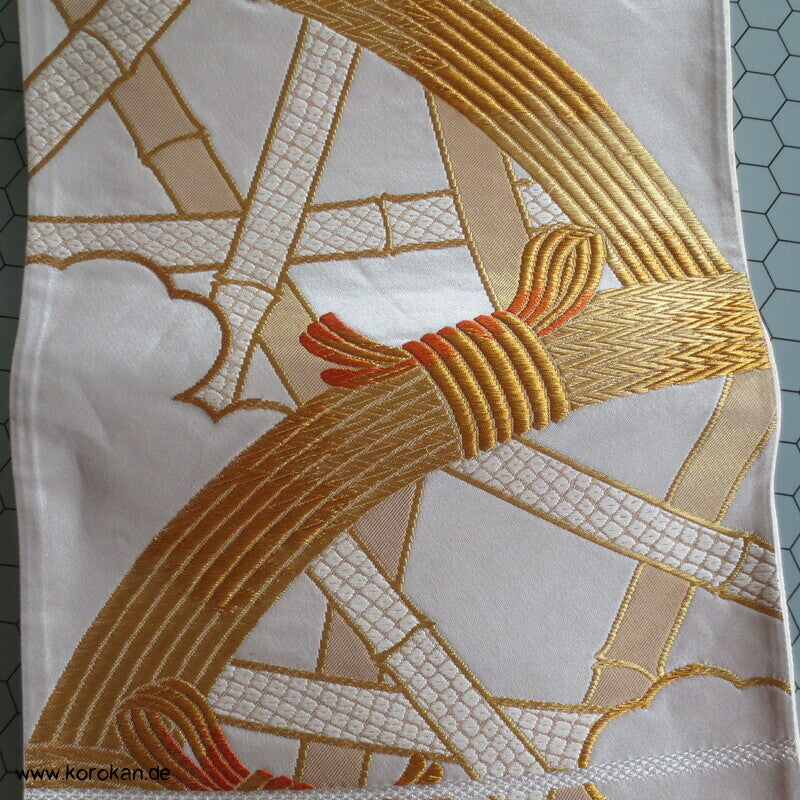 Bambusgeflecht Seiden Brokat Fukuro Obi, goldener Kimonogürtel