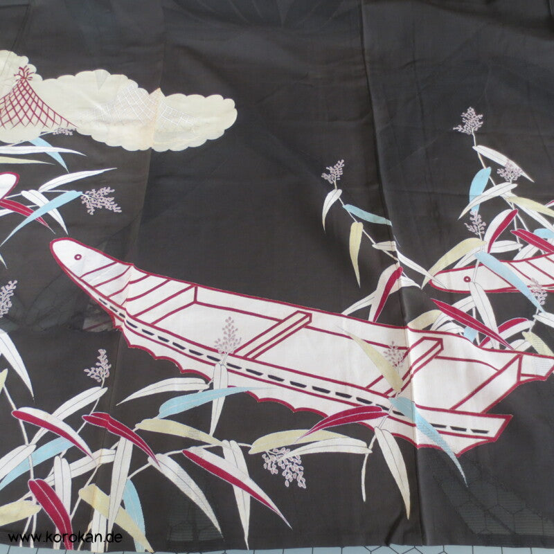 Boote im Bambus antiker Tomesode Kimono Rho Seide