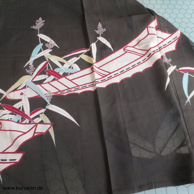 Boote im Bambus antiker Tomesode Kimono Rho Seide
