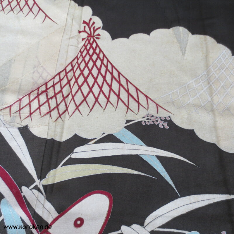 Boote im Bambus antiker Tomesode Kimono Rho Seide