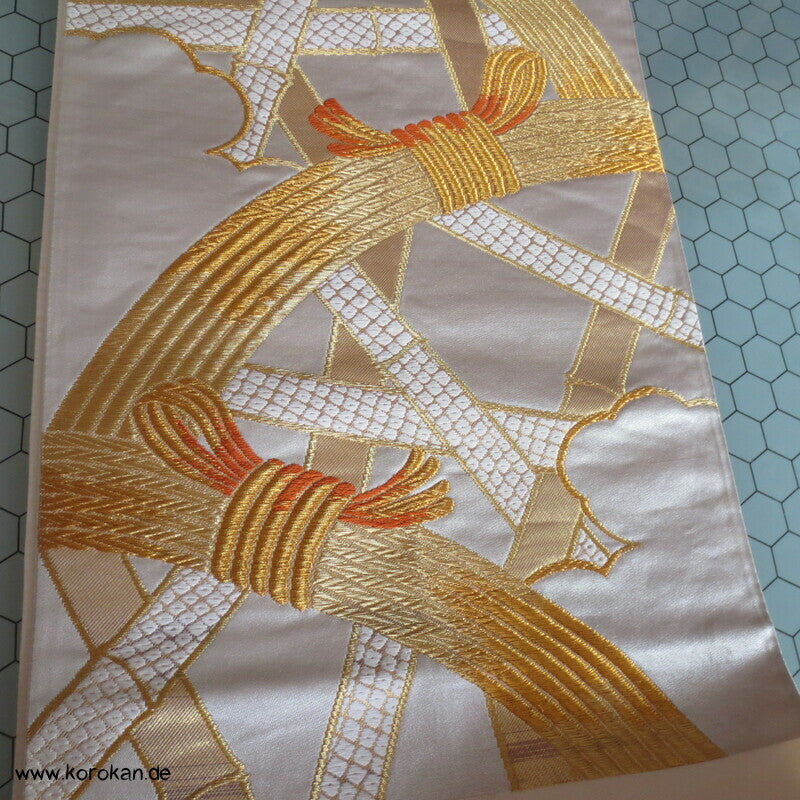 Bambusgeflecht Seiden Brokat Fukuro Obi, goldener Kimonogürtel
