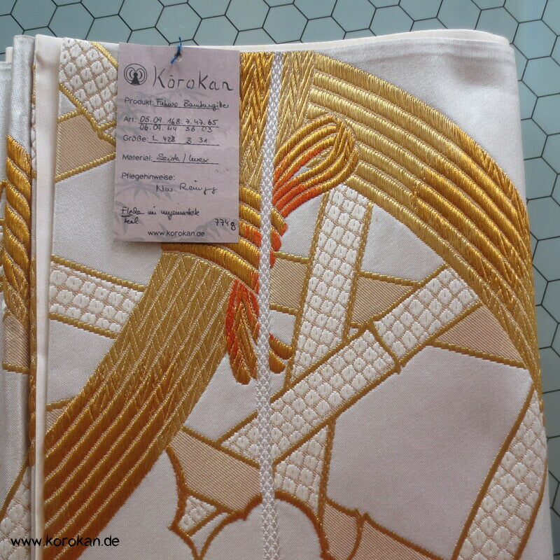 Bambusgeflecht Seiden Brokat Fukuro Obi, goldener Kimonogürtel