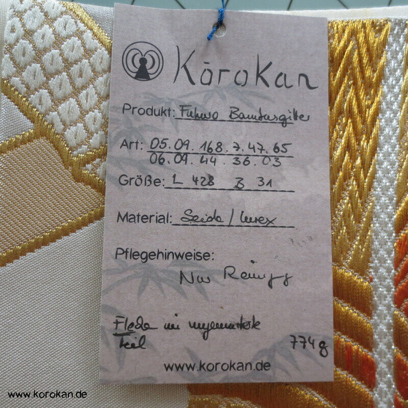 Bambusgeflecht Seiden Brokat Fukuro Obi, goldener Kimonogürtel