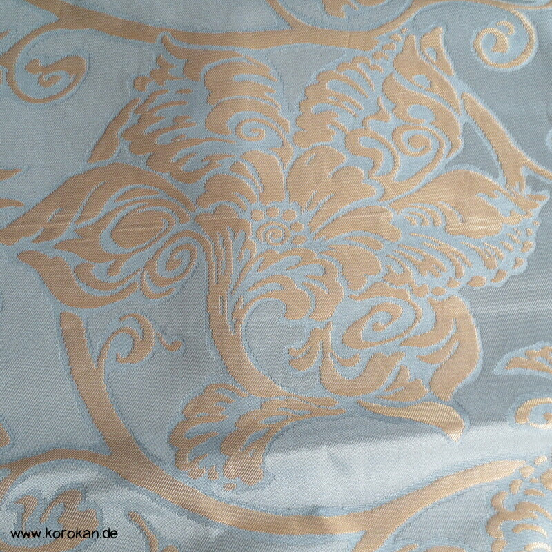 Karakusa Arabesken Nagoya Obi, blassgolden auf hellblau