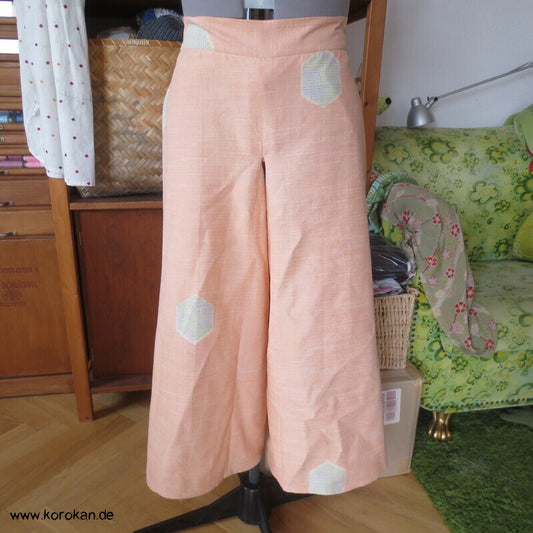 Kimono Seide Wickel Culotte Hose, apricot Seiden Kikko Kasuri, Gr. L