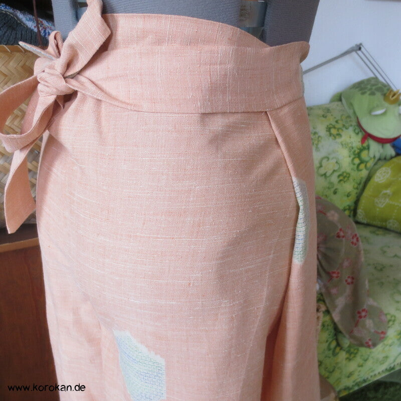 Kimono Seide Wickel Culotte Hose, apricot Seiden Kikko Kasuri, Gr. L