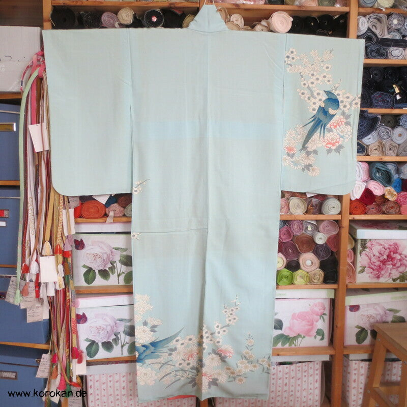 mythische Vögel im Blütenbaum Chu Furisode Seidencrepe Kimono