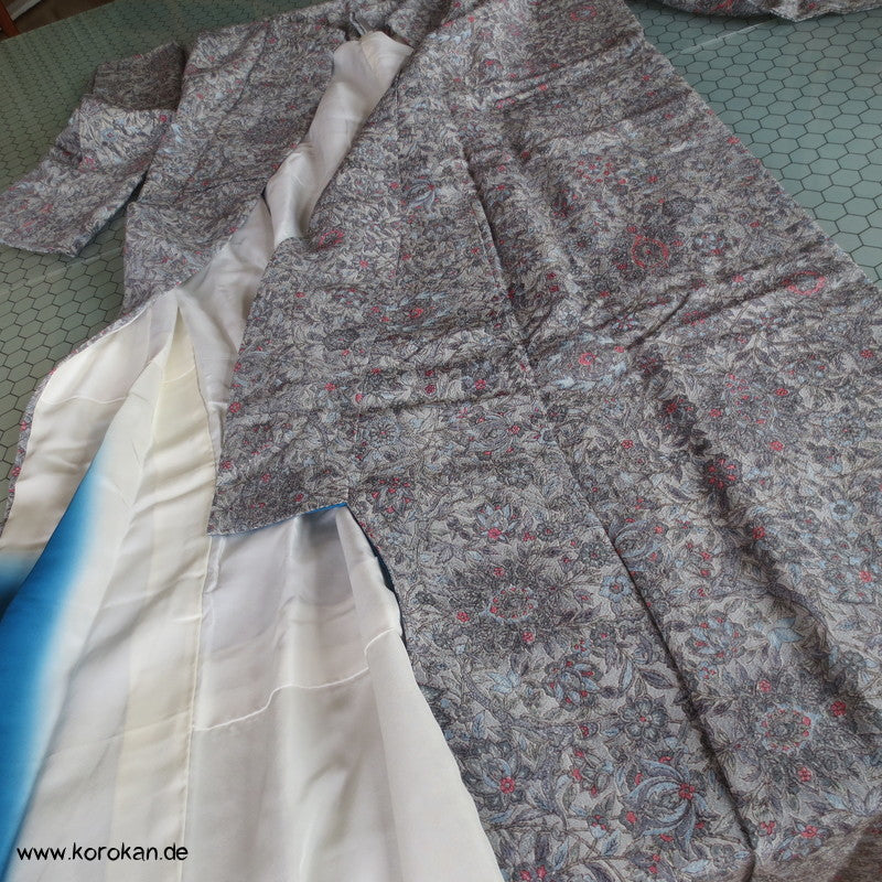blaugraues Granatapfelmuster Chirimen Seiden Crepe Komon Kimono