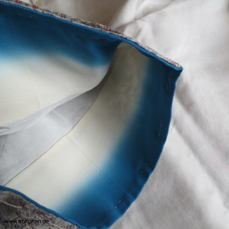 blaugraues Granatapfelmuster Chirimen Seiden Crepe Komon Kimono
