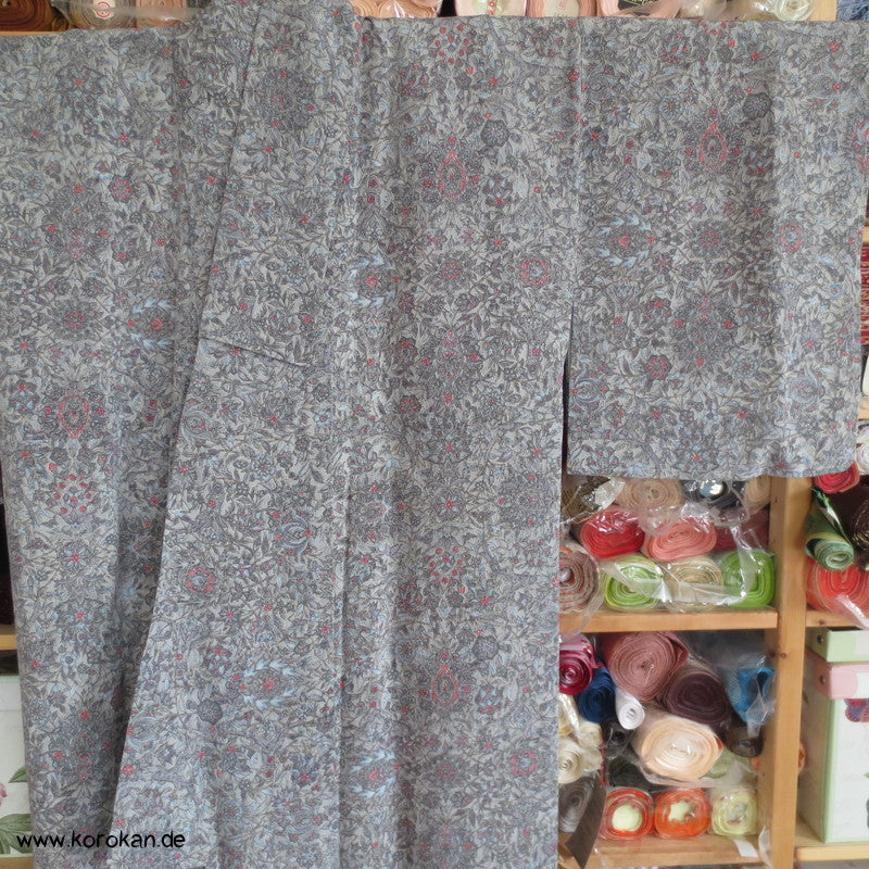 blaugraues Granatapfelmuster Chirimen Seiden Crepe Komon Kimono