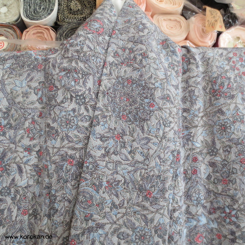 blaugraues Granatapfelmuster Chirimen Seiden Crepe Komon Kimono