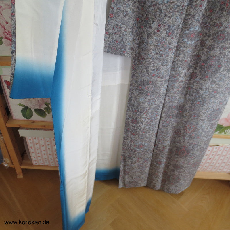 blaugraues Granatapfelmuster Chirimen Seiden Crepe Komon Kimono