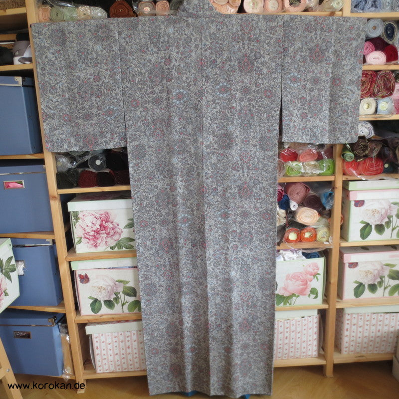 blaugraues Granatapfelmuster Chirimen Seiden Crepe Komon Kimono
