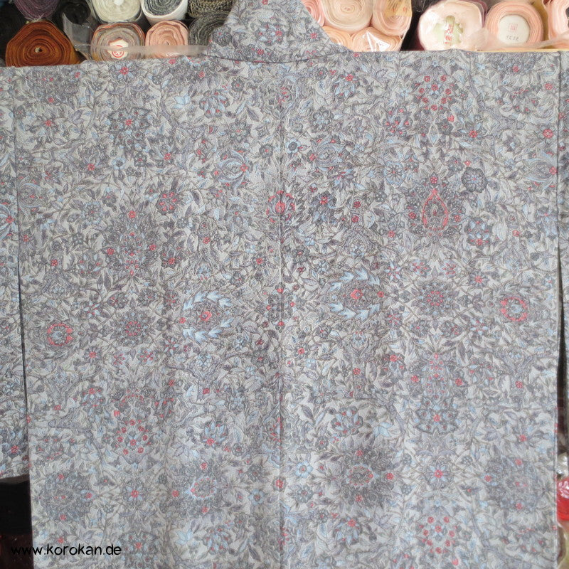blaugraues Granatapfelmuster Chirimen Seiden Crepe Komon Kimono