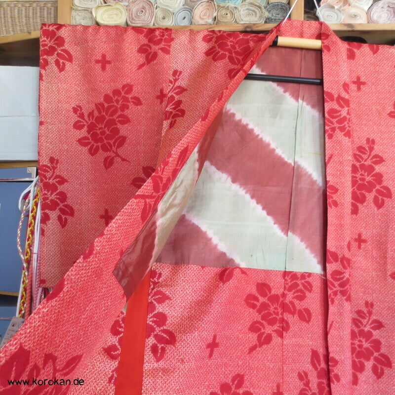 rote Päonien Shibori Print japanische Haori Kimono Jacke