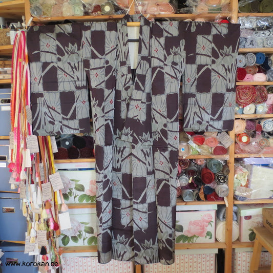 Meisen Seiden Kasuri Iris Muster - blau - grau Hitoe Komon Kimono