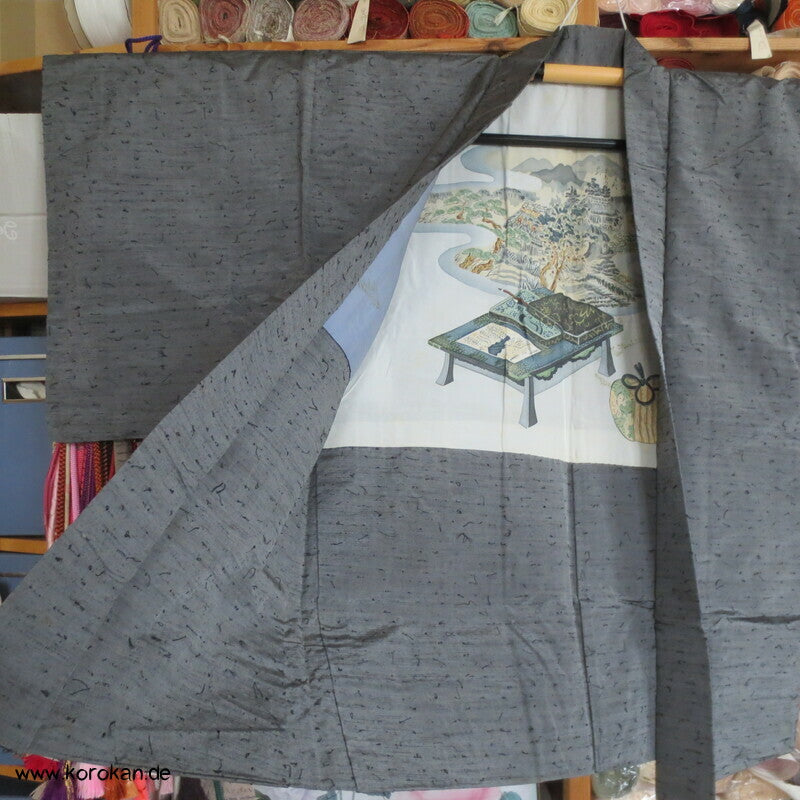 graue Fushi Tsumugi Seiden Haori Jacke, Schreibset BIld Futter