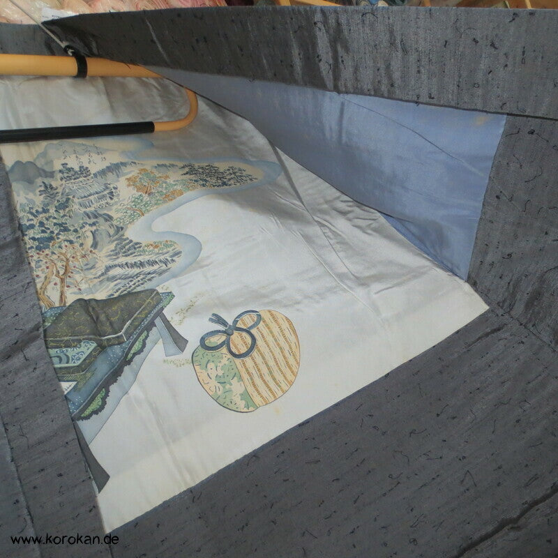 graue Fushi Tsumugi Seiden Haori Jacke, Schreibset BIld Futter