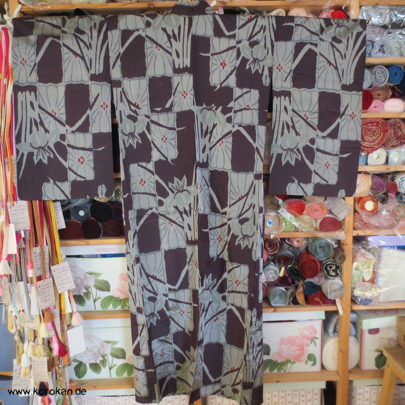 Meisen Seiden Kasuri Iris Muster - blau - grau Hitoe Komon Kimono