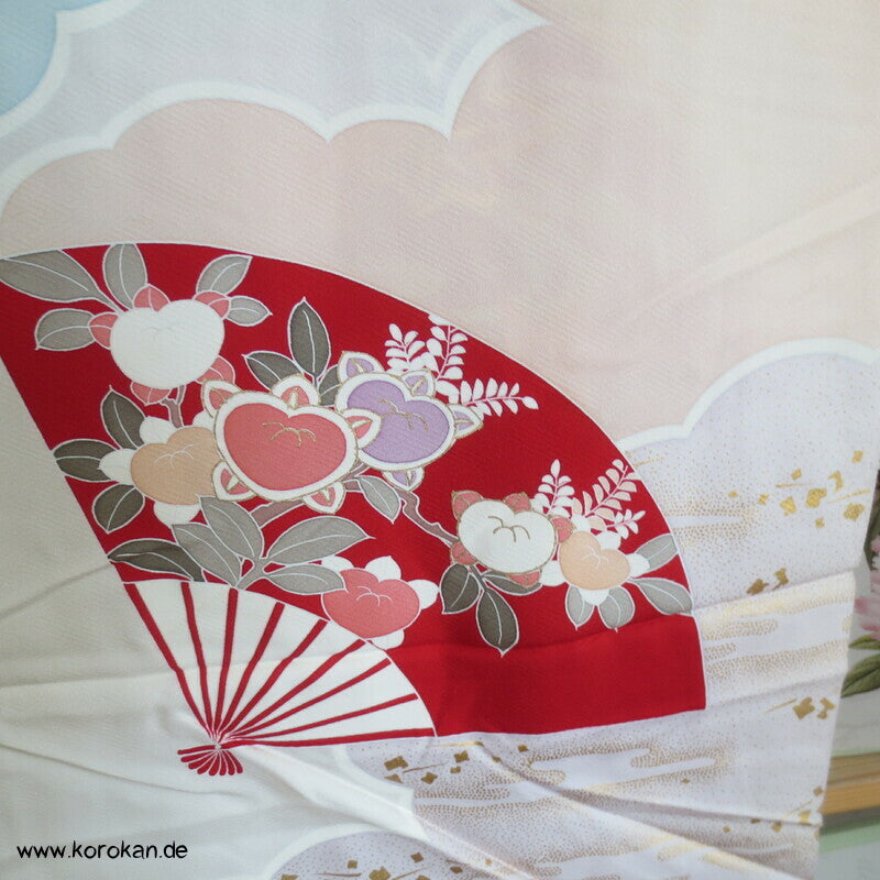 Fächer, Blüten Furisode, Seidendamast Karieba Kimono Stoff