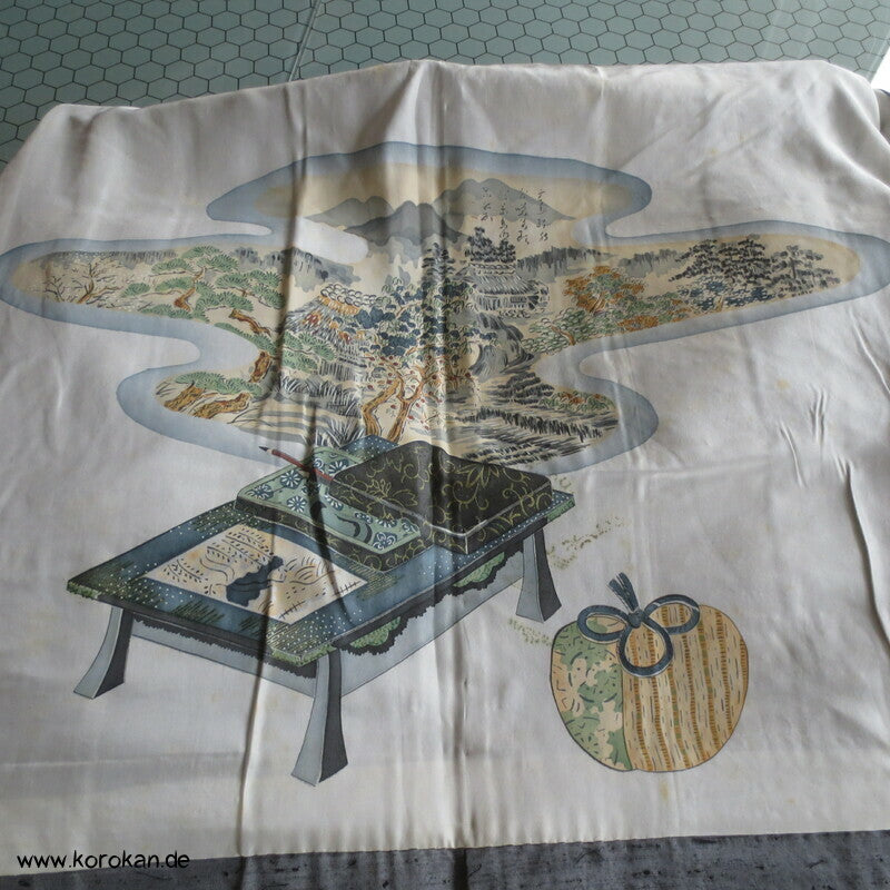 graue Fushi Tsumugi Seiden Haori Jacke, Schreibset BIld Futter