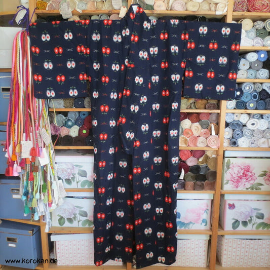 Hitoe Kasuri Woll Kimono, abstrakte Blüten auf blau