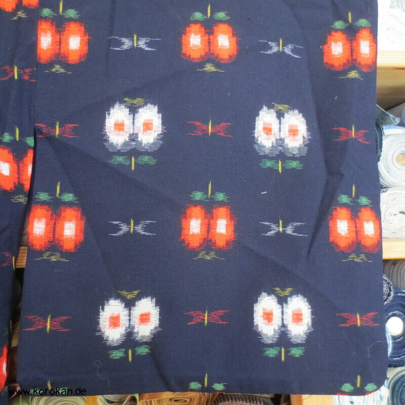 Hitoe Kasuri Woll Kimono, abstrakte Blüten auf blau