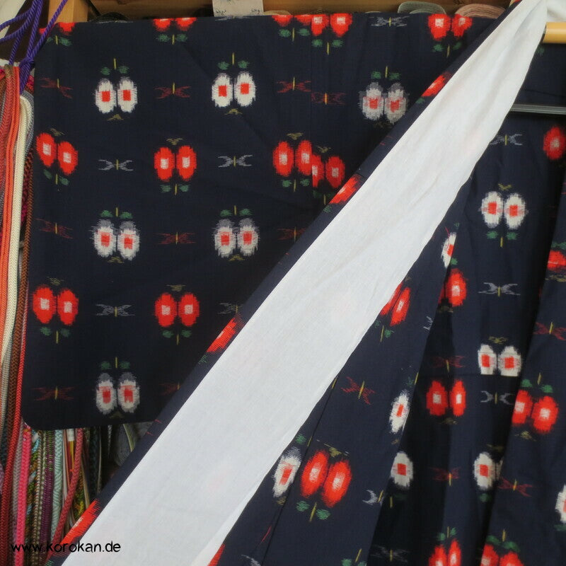 Hitoe Kasuri Woll Kimono, abstrakte Blüten auf blau