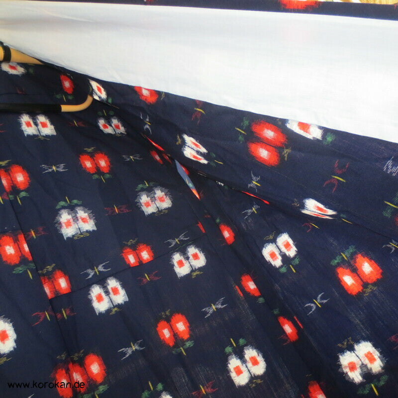 Hitoe Kasuri Woll Kimono, abstrakte Blüten auf blau