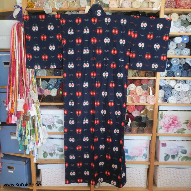 Hitoe Kasuri Woll Kimono, abstrakte Blüten auf blau