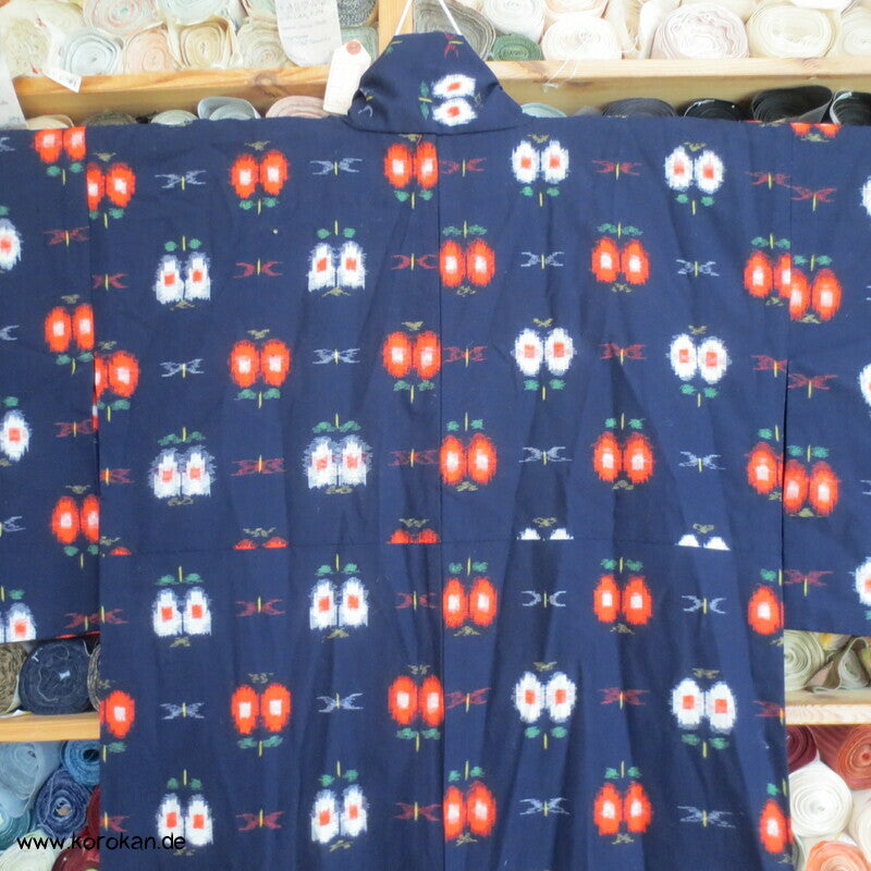 Hitoe Kasuri Woll Kimono, abstrakte Blüten auf blau