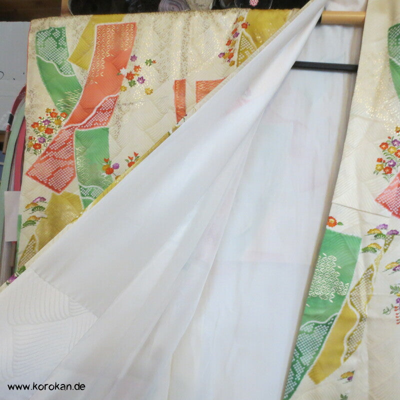 Mitzukoshi Furisode Kimono bunte Tanzaku Streifen mit Wisteria, Golddruck und Stickerei
