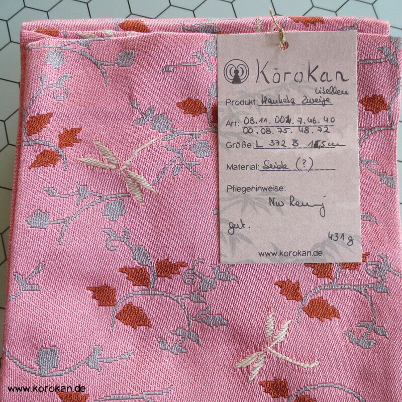 japanischer Han Haba Kimono Gürtel rosa mit Zweigen und Libellen
