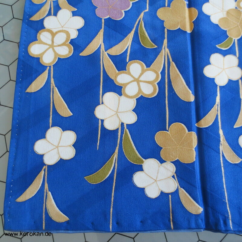Brücken über Wellen mit Gold und hängenden Blüten Furisode Seidendamast Kimono