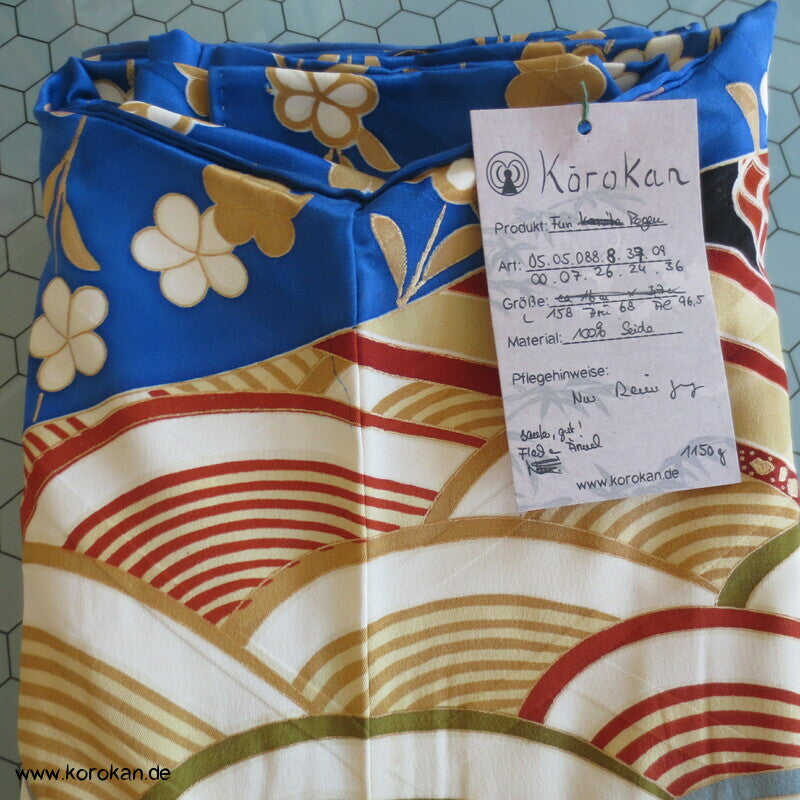 Brücken über Wellen mit Gold und hängenden Blüten Furisode Seidendamast Kimono