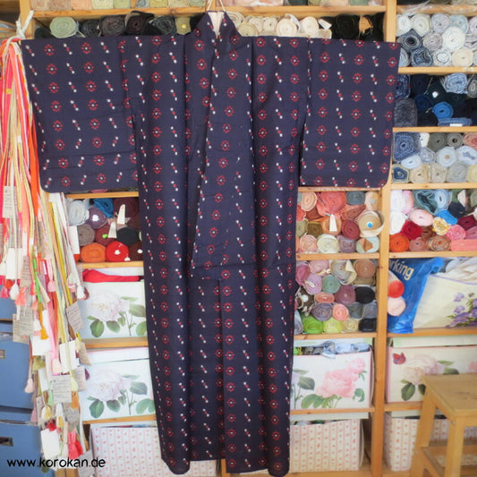 blau - weiß - rot geometrischer Hitoe Meisen Seiden Kimono