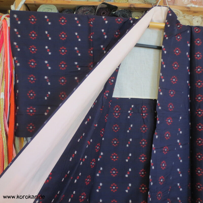 blau - weiß - rot geometrischer Hitoe Meisen Seiden Kimono