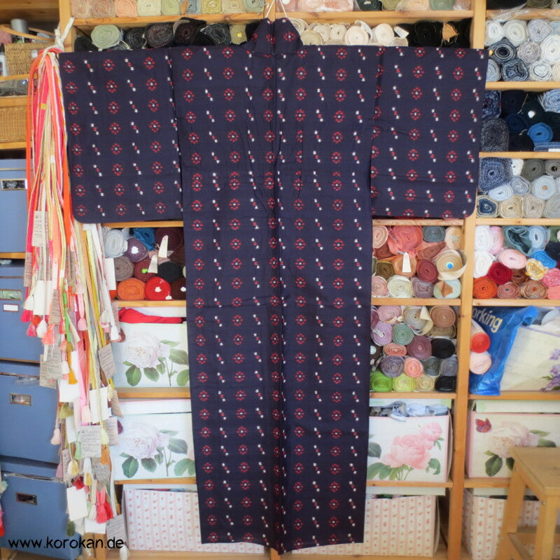 blau - weiß - rot geometrischer Hitoe Meisen Seiden Kimono