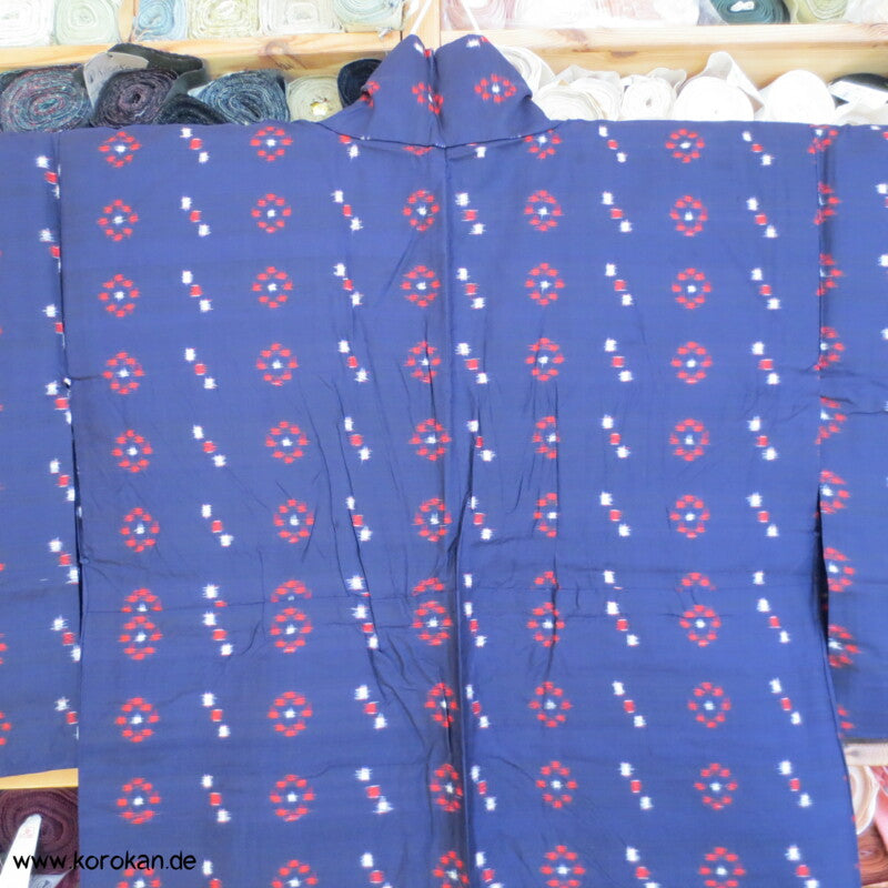 blau - weiß - rot geometrischer Hitoe Meisen Seiden Kimono