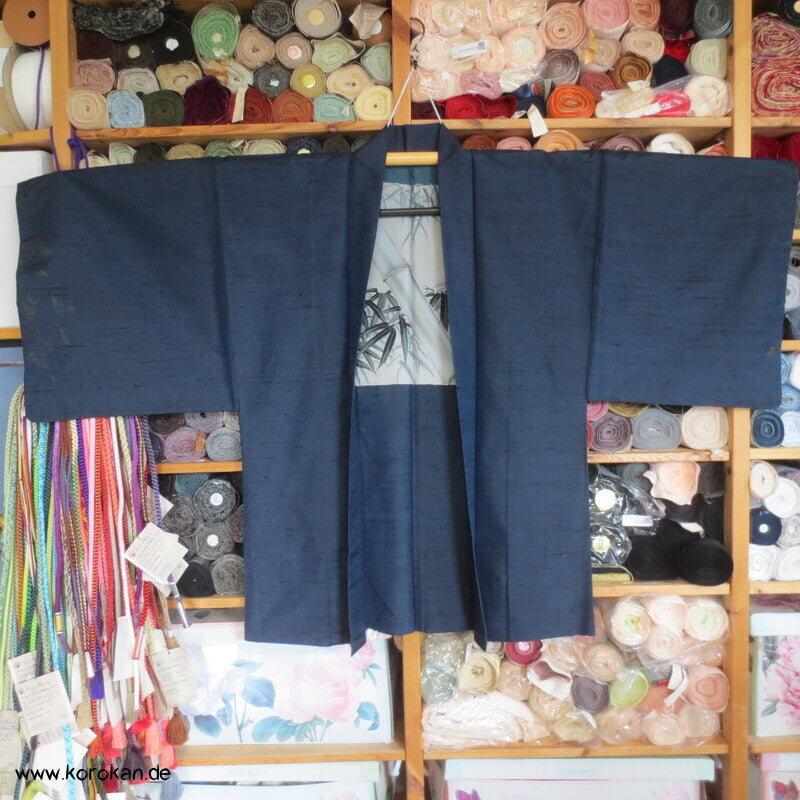 Spatz im Bambus gemaltes Futter, Haori Tsumugi Seide Kimono Jacke