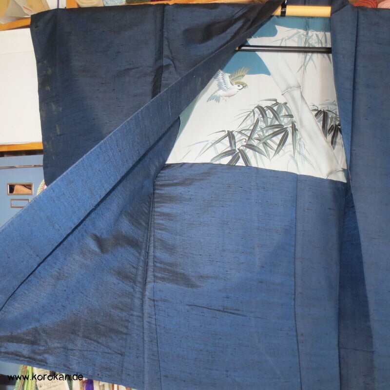 Spatz im Bambus gemaltes Futter, Haori Tsumugi Seide Kimono Jacke