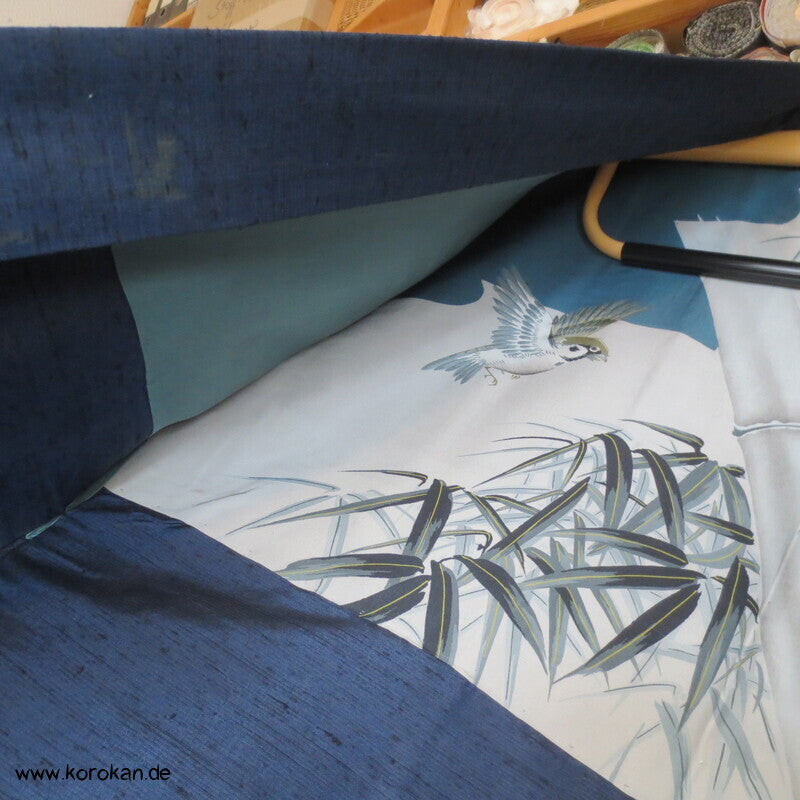 Spatz im Bambus gemaltes Futter, Haori Tsumugi Seide Kimono Jacke