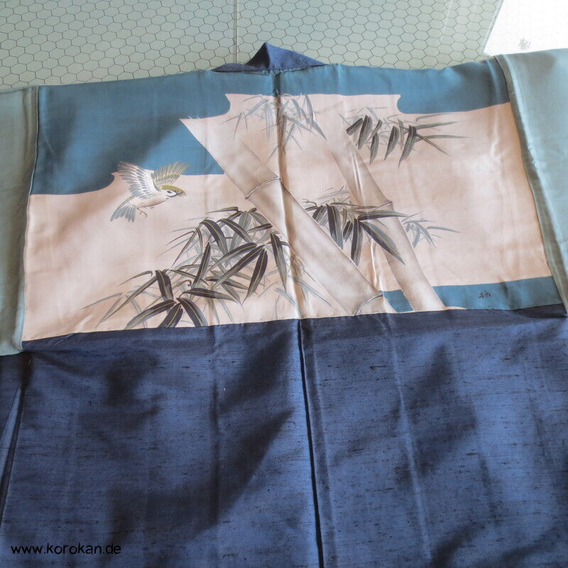 Spatz im Bambus gemaltes Futter, Haori Tsumugi Seide Kimono Jacke