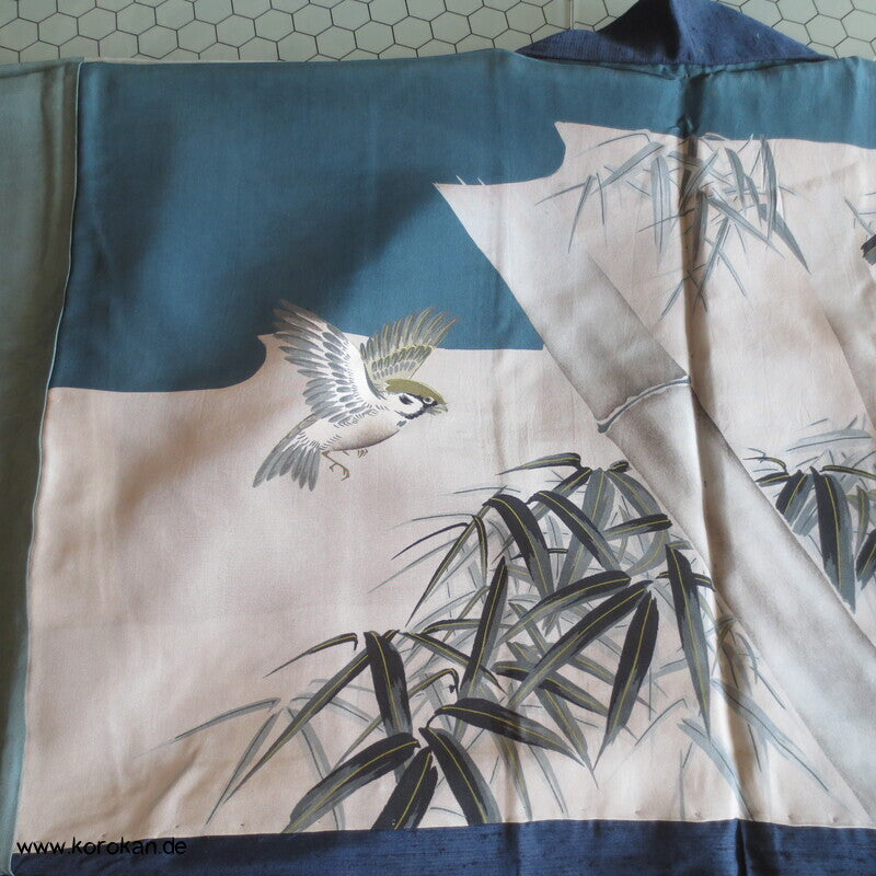 Spatz im Bambus gemaltes Futter, Haori Tsumugi Seide Kimono Jacke